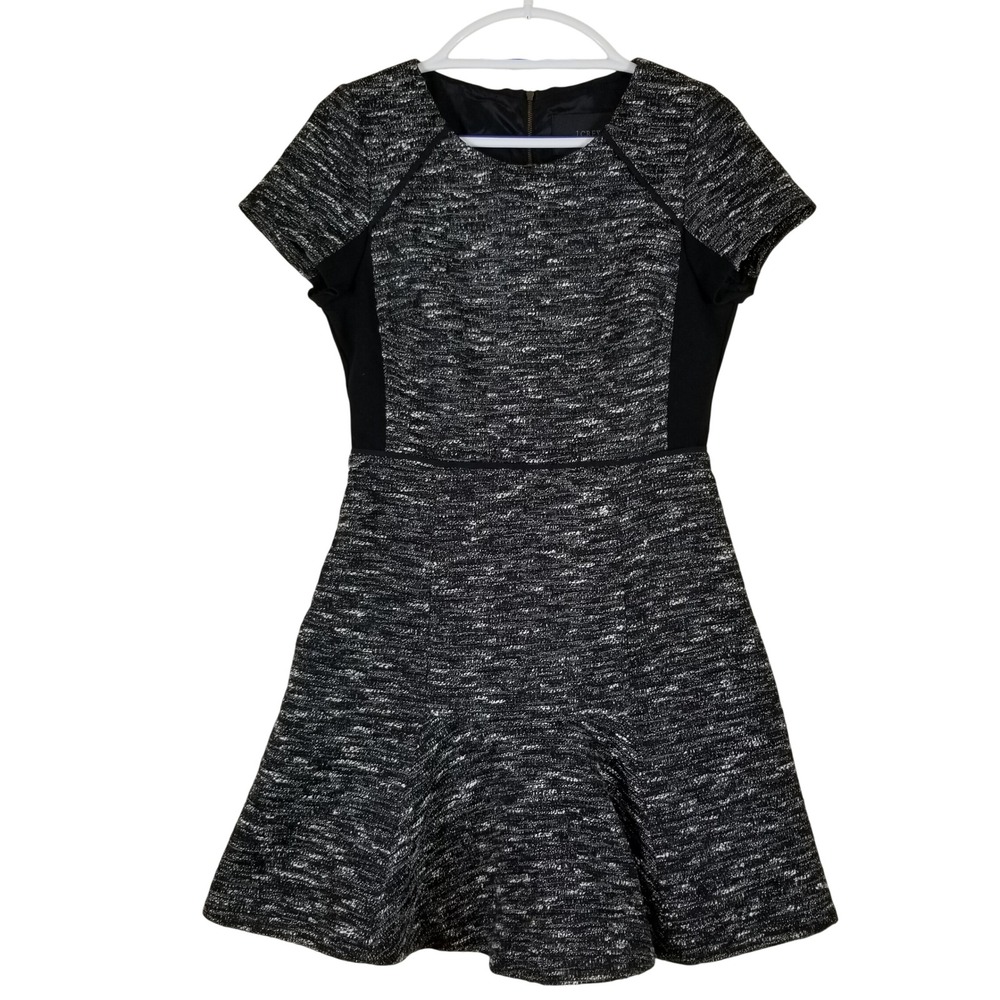 J.Crew Fit and Flare Dress Womens 6 Black White Tweed Mixed Media‎ Short Sleeve